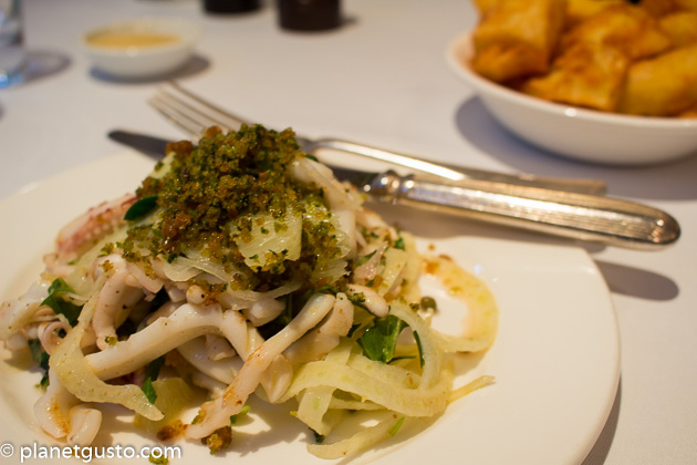 Quo Vadis Soho London Squid a la Plancha tossed with Puntarelle, Bergamot, Capers, Vinaigrette