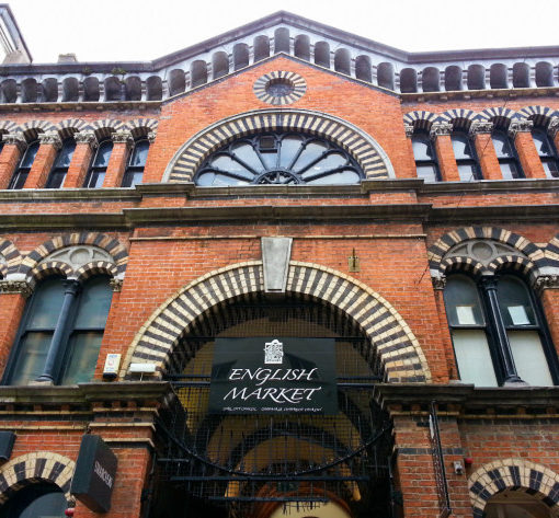 Exterior of English Market Princess Street side of brick facade with Moorish arches