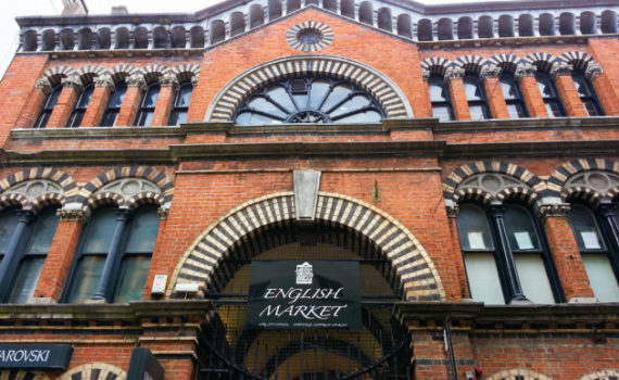 Exterior of English Market Princess Street side of brick facade with Moorish arches