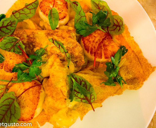 Scallops w/ Saffron-Leek Musakhan, Sumac and Almond at Oleana Restaurant, Cambridge, MA