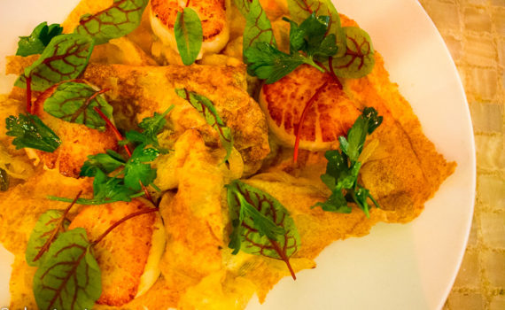 Scallops w/ Saffron-Leek Musakhan, Sumac and Almond at Oleana Restaurant, Cambridge, MA