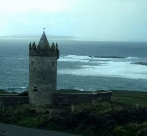 View of Castle Ruin Overlooking Atlantic Ocean Near Doolin Ireland
